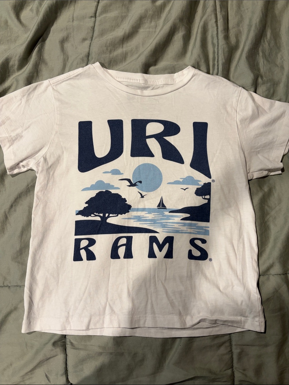 URI Rams White & Navy Graphic crop top